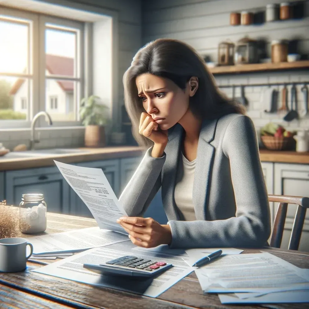 A middle-aged Filipino woman appears worried as she reviews home insurance documents at a kitchen table. She holds a calculator and looks at papers, with a naturally shaped mug handle visible on the table. The cozy and well-decorated kitchen setting, along with a window showing a peaceful neighborhood, continues to symbolize the financial strain faced by homeowners due to increasing insurance premiums.