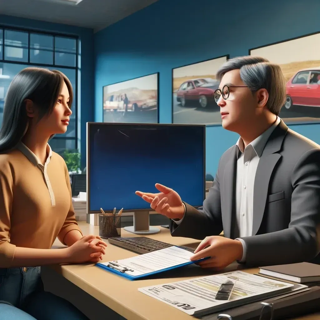In a professional insurance office, a middle-aged Filipino man, the insurance agent, and a young Filipino woman, the car owner, are engaged in a conversation. The office is equipped with insurance-related décor and a computer.