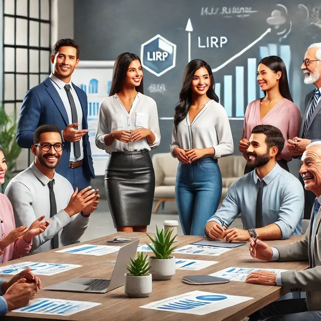 Here is the alt text for the image:  "A diverse group of individuals of Mexican descent discussing financial planning and retirement options in a modern, welcoming office setting. They are engaged and attentive, with charts and graphs on a table and a presentation board in the background. The participants, dressed in business casual attire, represent various ages from young adults to seniors, showcasing a collaborative and inclusive environment.