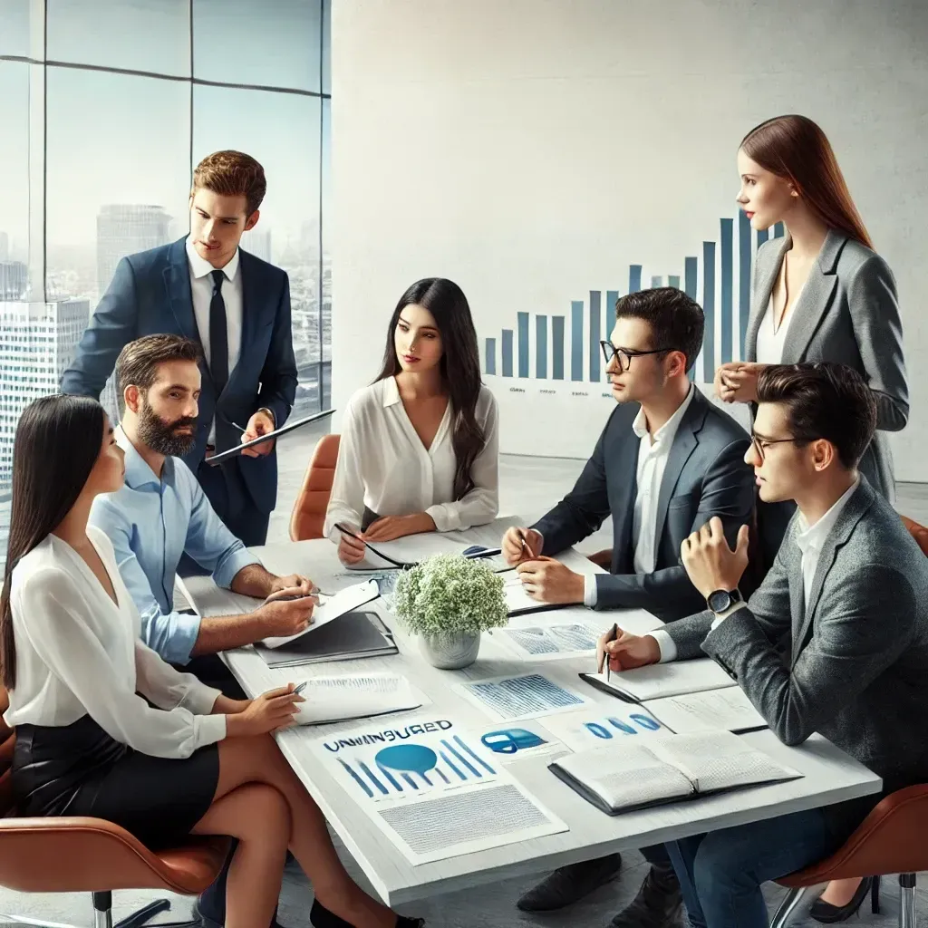 A diverse group of business professionals of Mexican descent in a modern office setting engaged in a discussion. They are seated around a table with documents and charts spread out, showing graphs and data on uninsured motorist coverage. The office has large windows with a cityscape view in the background, and a growth chart is visible on the wall.