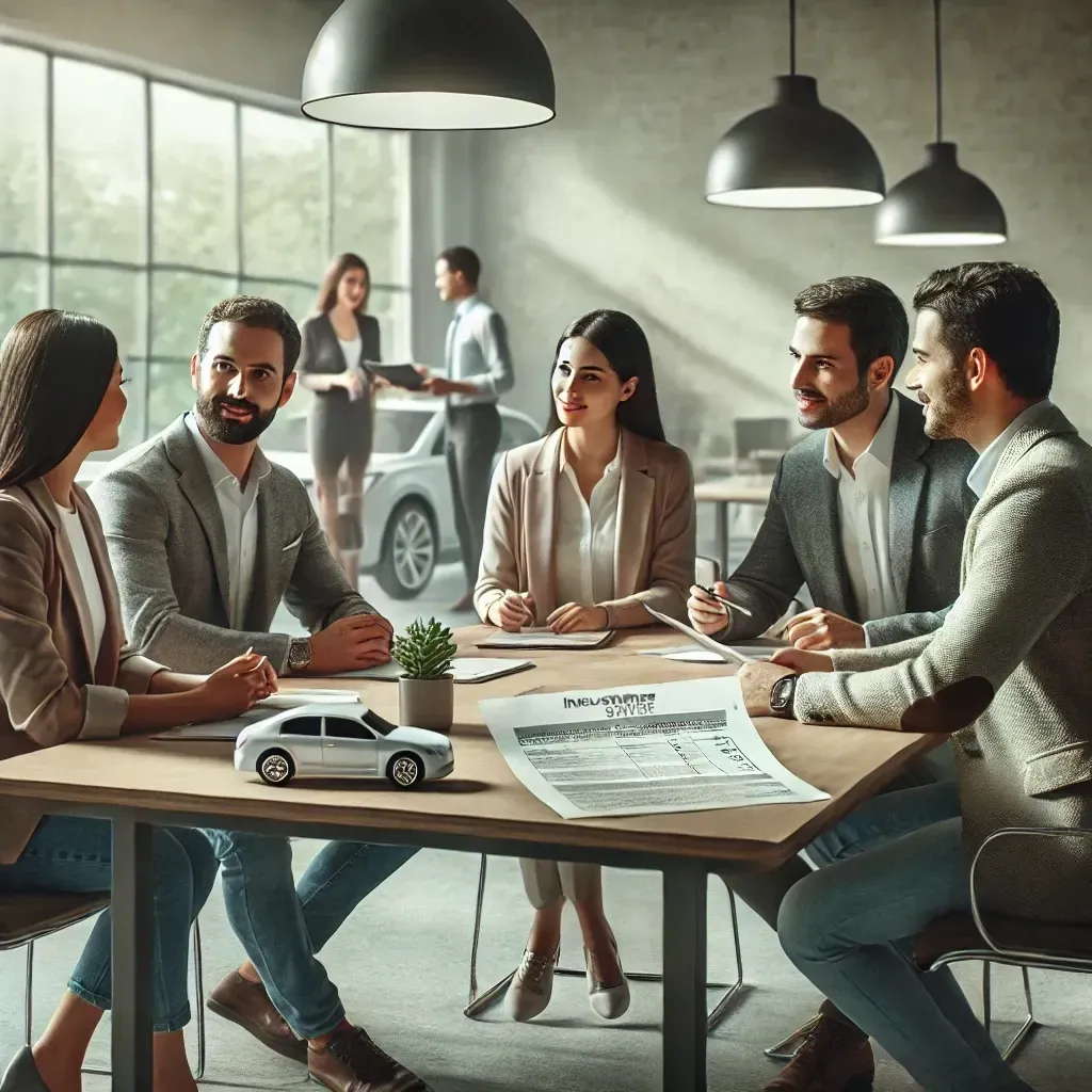 A group of business professionals of Mexican descent in a modern office setting, engaged in a discussion about whether to file an insurance claim or pay out-of-pocket for minor car damage. They are seated around a table with insurance documents and a small car model. In the background, two colleagues are standing near a large window with a view of greenery, conversing beside a car. Hanging lights illuminate the workspace.