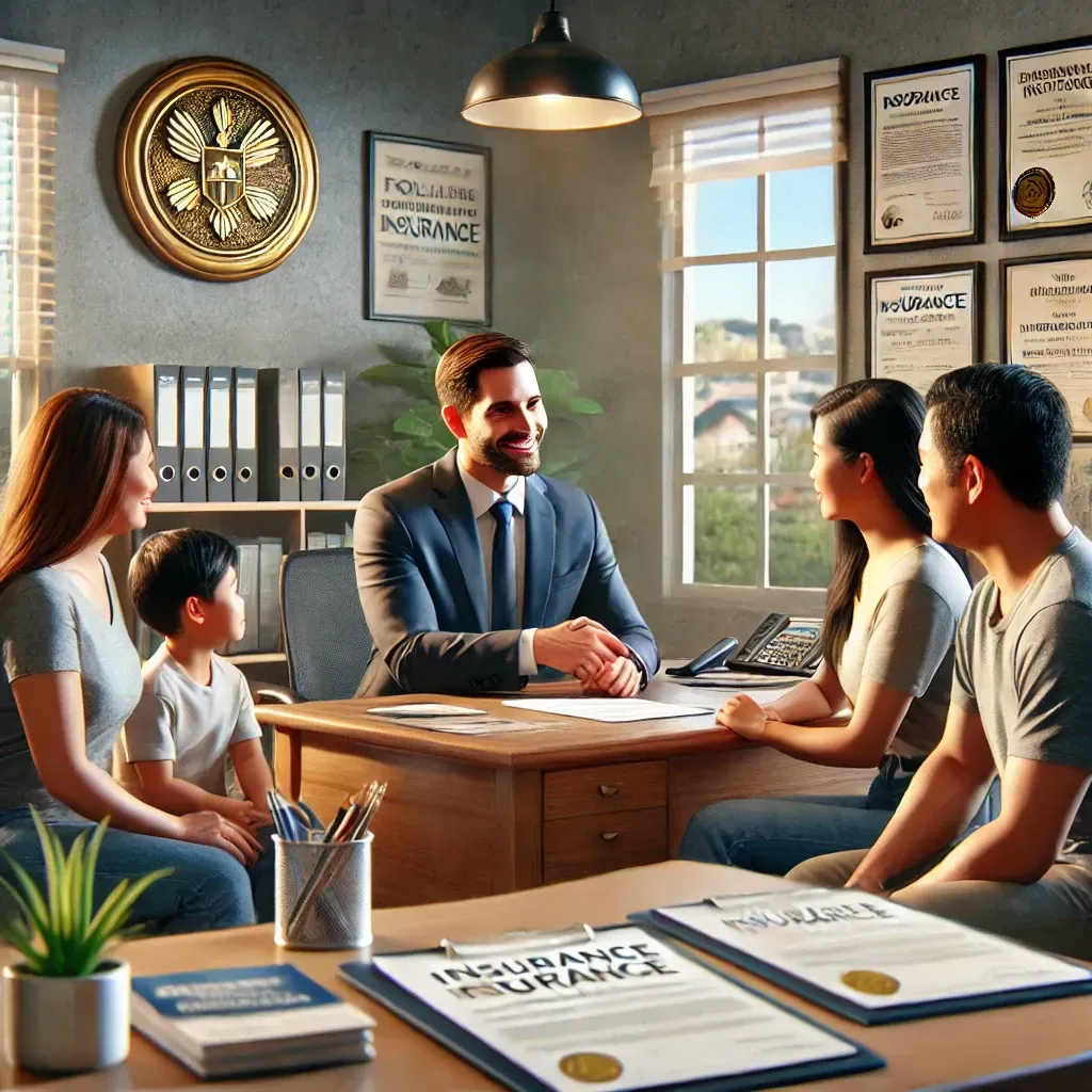 La imagen muestra a una familia filipina reuniéndose con un agente de seguros en una oficina profesional. El agente está explicando detalles del seguro mientras la familia escucha atentamente.