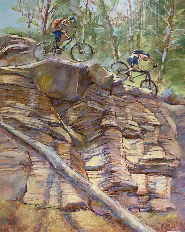 Oil painting of mountain biking by Pat Cross at Gallery Eleven.