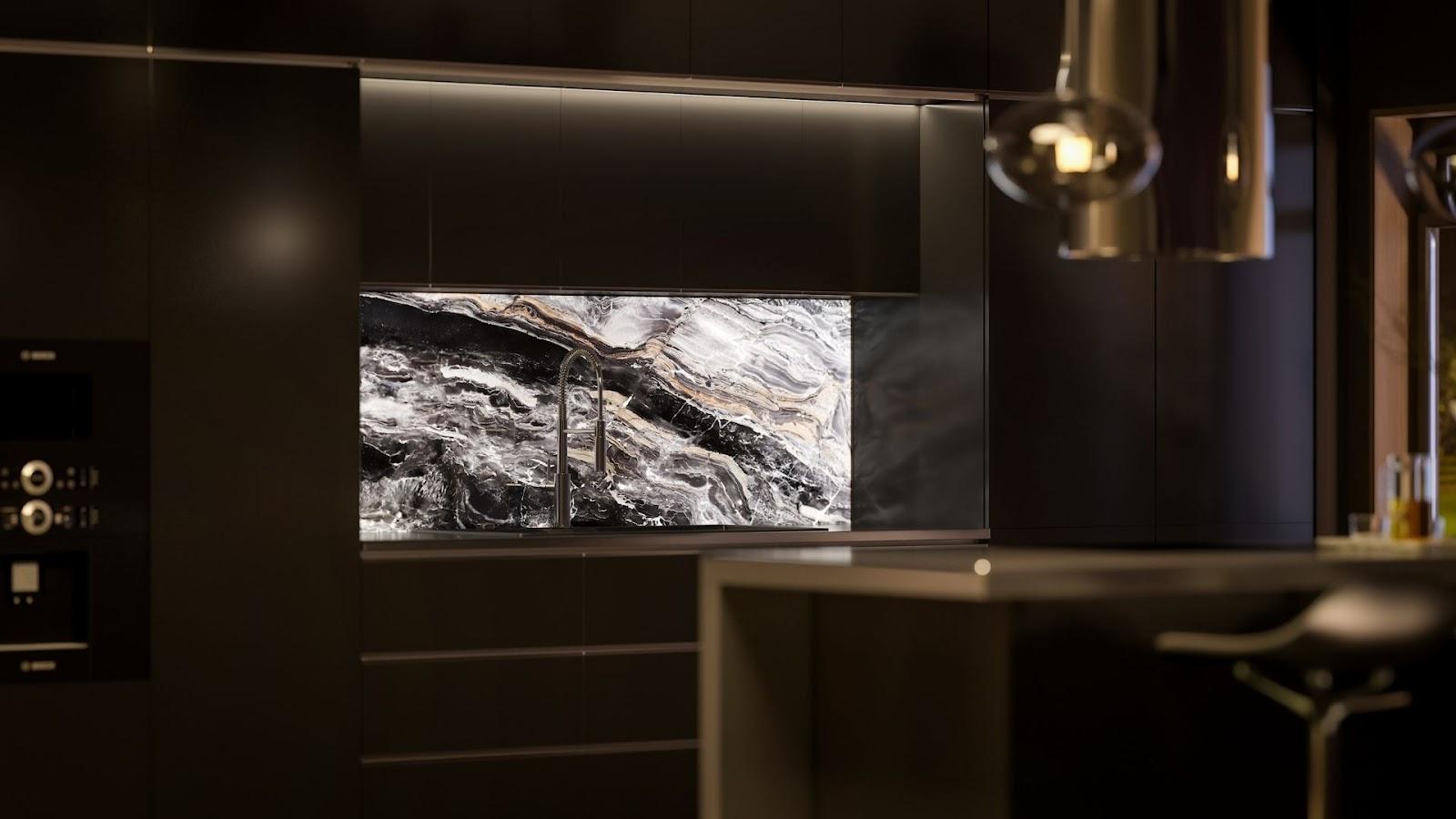 Creoglass illuminated Arabescato Orobico Grigio glass splashback for high-end kitchen interiors