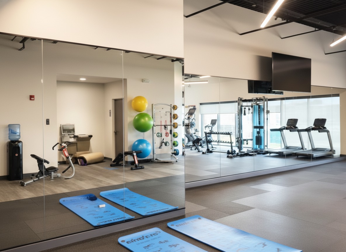 Wall-to-wall gym mirrors in a bright, modern studio next to cardio equipment and a functional training area | Creoglass