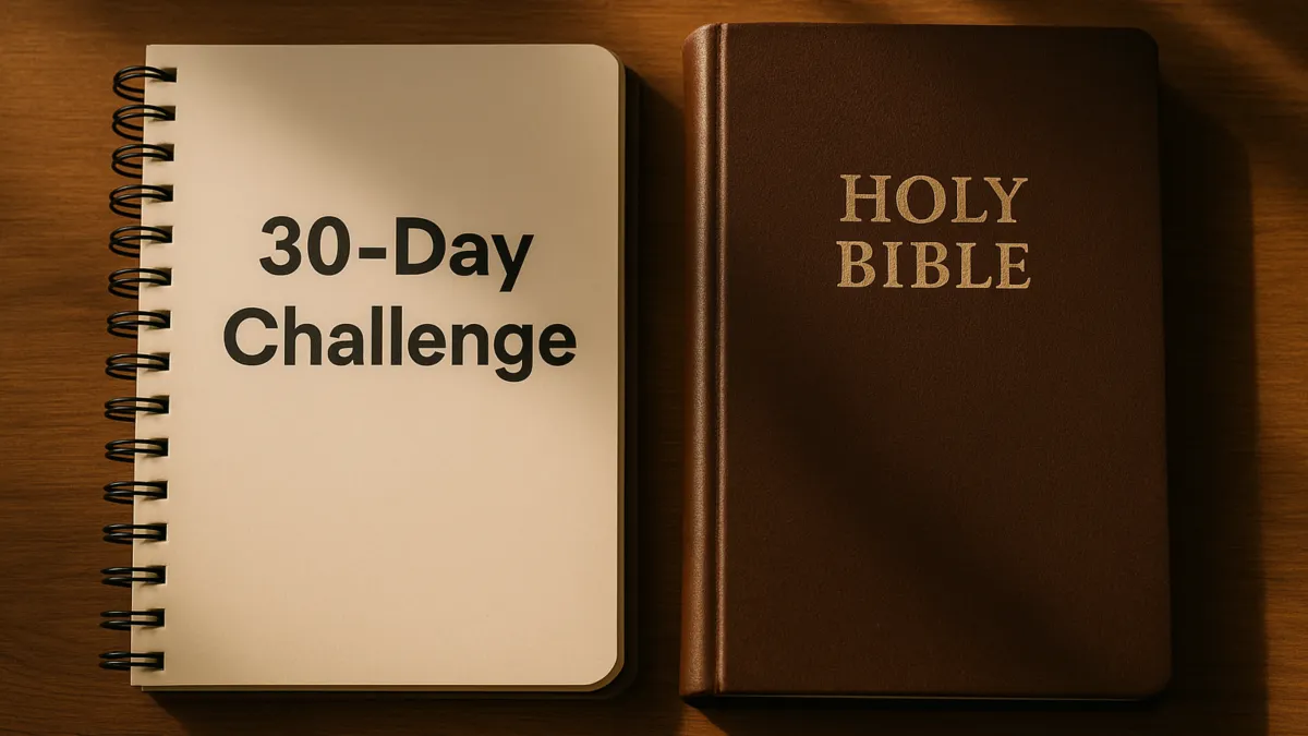 A closed Holy Bible beside a spiral notebook labeled “30-Day Challenge” on a wooden table under soft morning light, symbolizing faith and financial discipline.