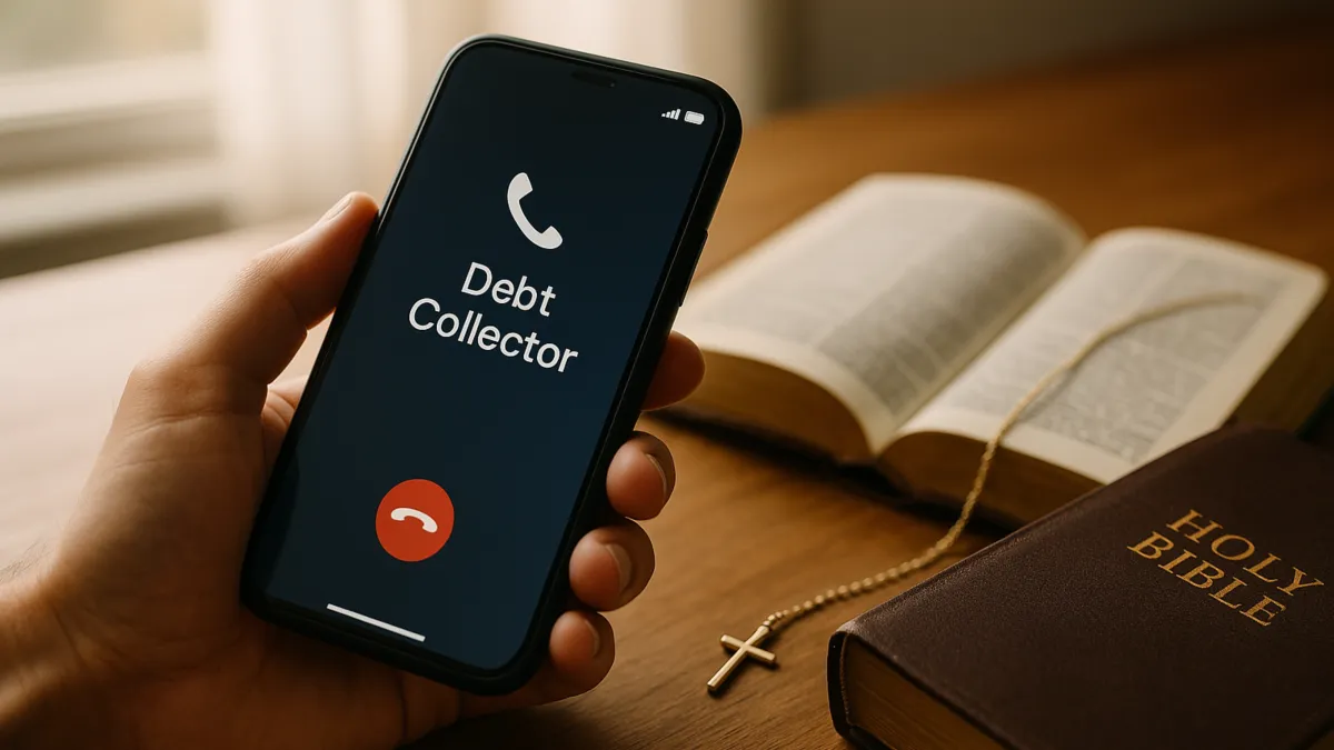 A person holding a smartphone showing a debt collector call beside an open Bible and cross, symbolizing faith and calm when dealing with debt collectors.