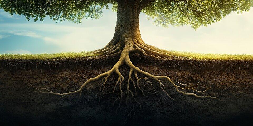 tree with deep roots and branches, symbolizing both the hidden causes (roots) and the visible effects (branches) of autism.