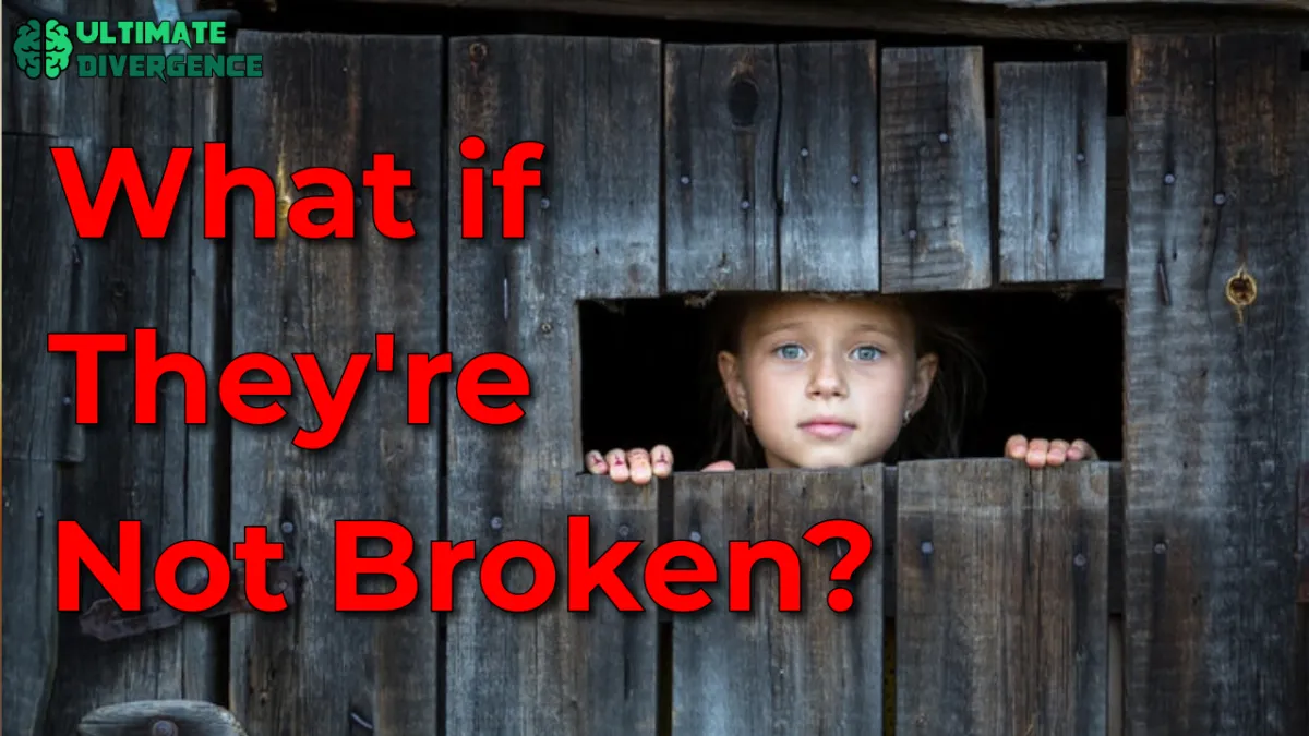 Young girl with blue eyes peering through wooden fence slats, symbolizing emotional retreat and hidden brilliance in severe autism.