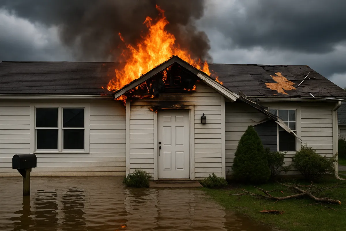 Weather damage to home. Flood, fire, and storm.