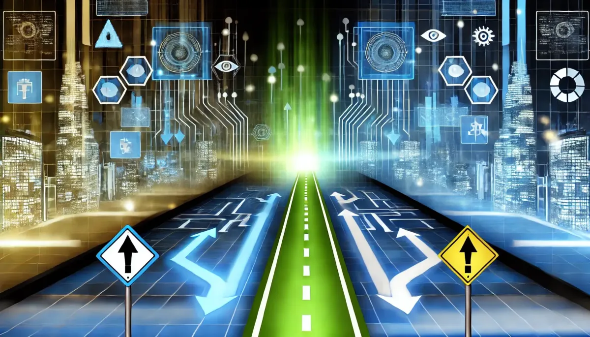 An illustrated futuristic cityscape featuring glowing blue and green digital elements, symbolising innovation and technology. In the foreground, a pathway splits into two routes, with one leading to a bright, stable tech hub and the other toward a darker, uncertain area marked with caution symbols. The design incorporates digital grids and abstract elements, visually representing strategic decision-making in technology adoption.