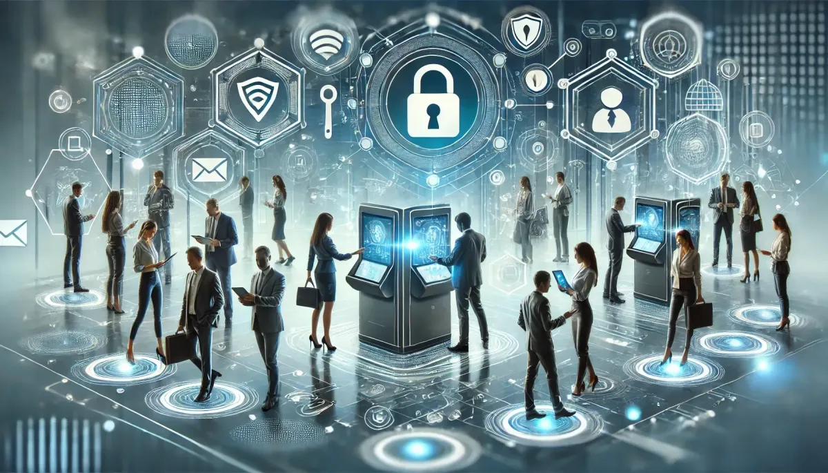 A futuristic scene showcasing individuals interacting with digital kiosks, tablets, and smartphones, symbolising enhanced customer experiences through technology. The background features holographic icons of padlocks, shields, and network connections, representing security and trust in digital solutions. The overall setting conveys innovation, reliability, and the integration of technology in customer engagement.