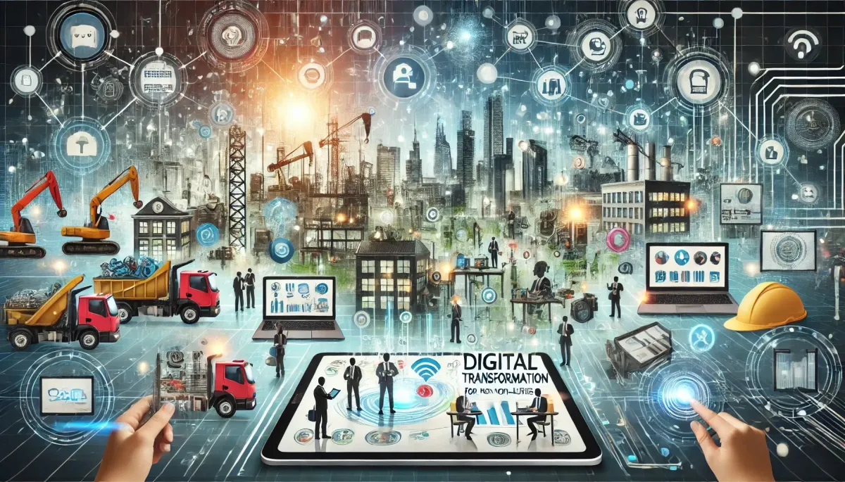 An illustration showcasing the integration of digital transformation into non-tech industries, featuring construction, healthcare, and retail elements. The scene includes digital tools like tablets, data dashboards, and smart sensors, with a modern cityscape in the background connected by glowing digital networks. The image symbolizes the transition from manual to automated processes, emphasizing innovation and adaptability in traditional sectors.