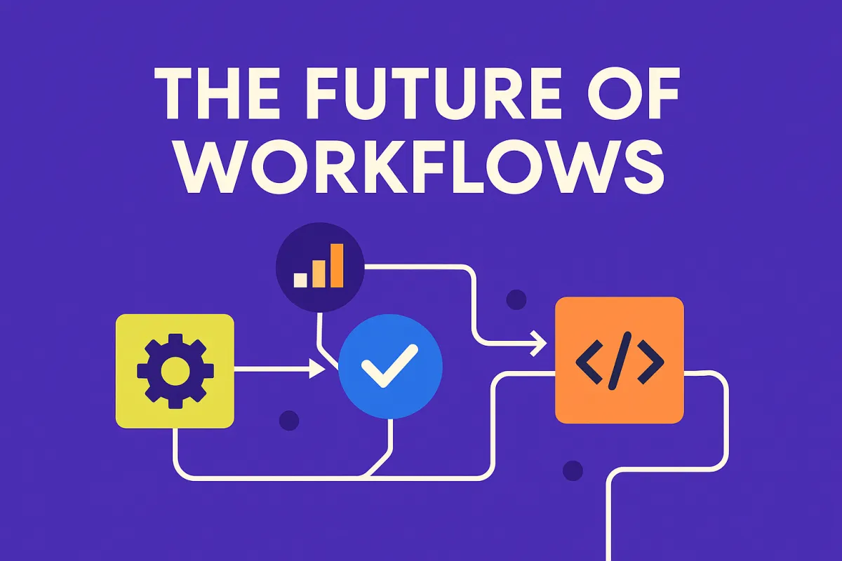 at digital illustration featuring the title "The Future of Workflows" with abstract visual elements representing automation, AI, and interconnected business tools. The image suggests modern workflow trends, including streamlined systems, integration, and digital productivity.