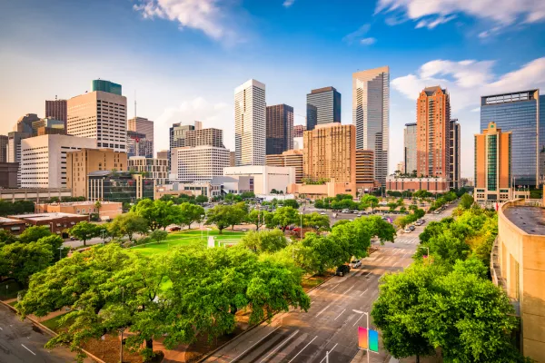 Houston skyline on a hot, humid day illustrating local climate.