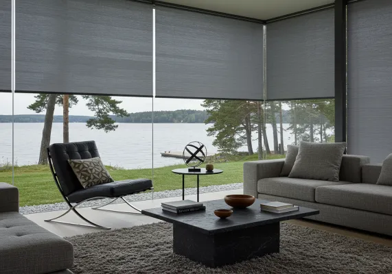  A motorized window roller shade being raised with a remote control held in the foreground.