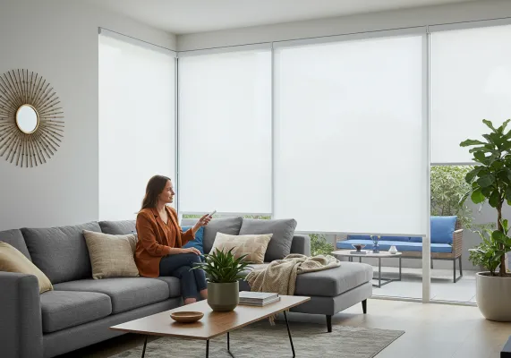 A white motorized roller shade being operated by a person holding a remote control.