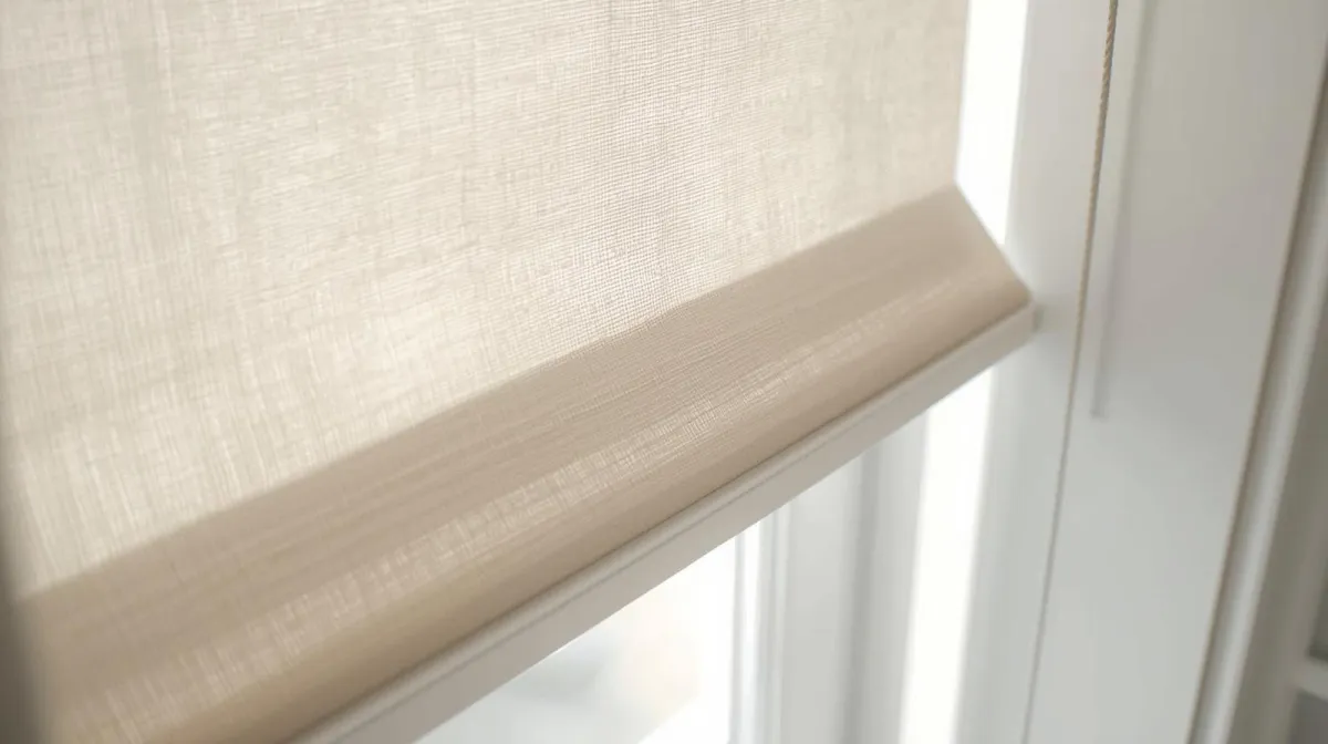 A sleek, modern light gray roller shade covering a large window in a bright Houston living room.