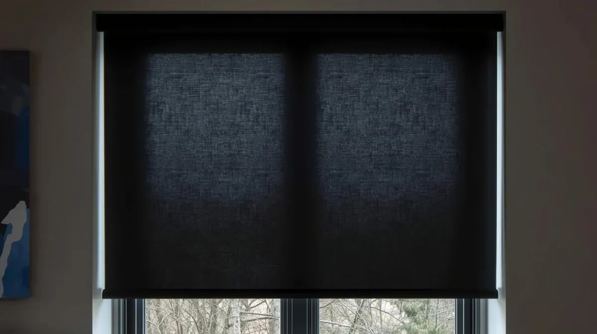  A dark-colored blackout roller shade fully lowered over a bedroom window, creating a dark environment.