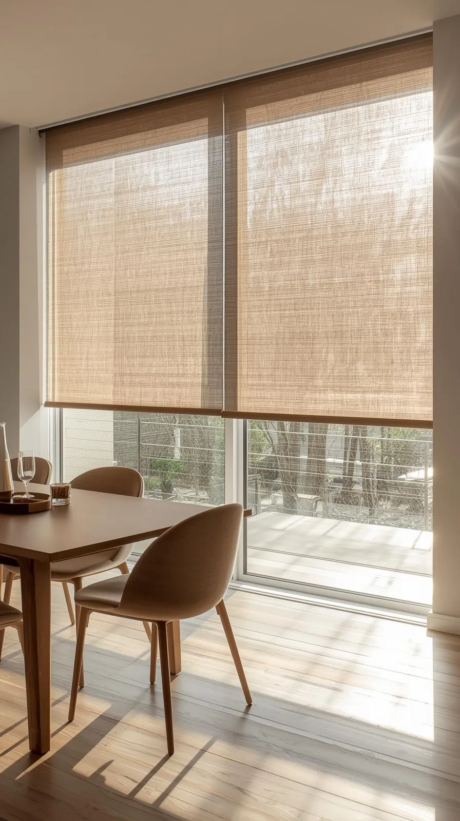 A semi-transparent solar roller shade on a large window, filtering bright sunlight in a contemporary dining area.