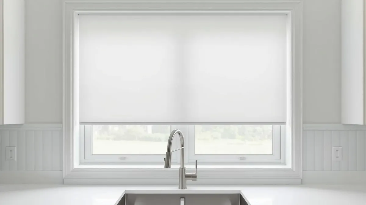A pristine white roller shade neatly pulled up at the top of a large kitchen window over a sink.