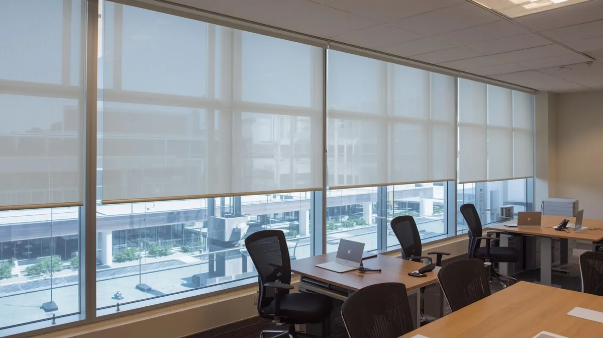 Multiple light-colored roller shades installed on windows in a modern open-plan office environment.
