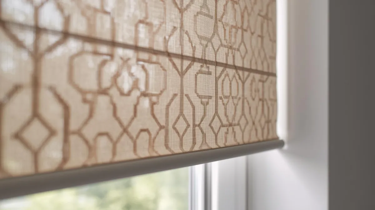 A roller shade featuring a subtle, contemporary geometric pattern installed on a window in a stylish room.