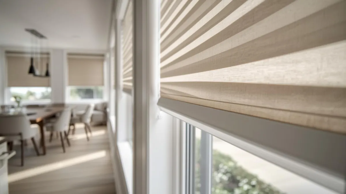 Zebra Shades on windows in a modern open-plan kitchen and dining area.
