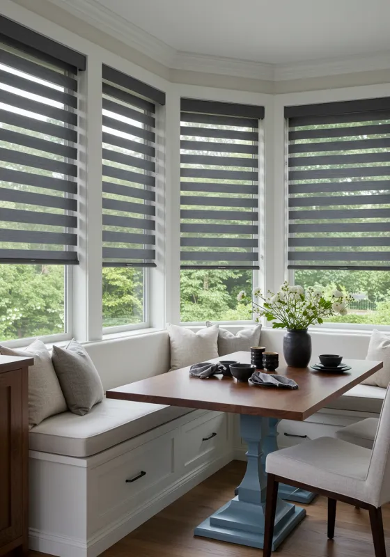Dark gray Zebra Shades covering a tall window in a contemporary interior.