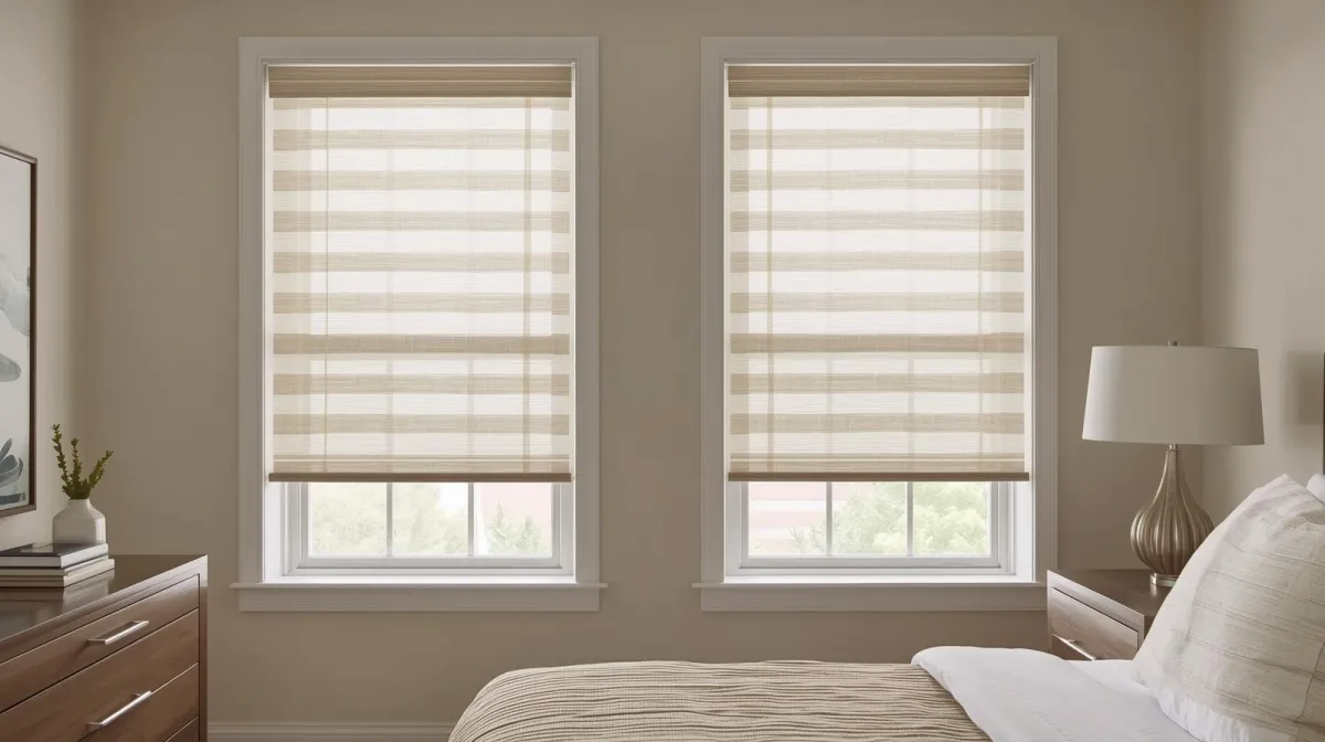  Light-colored Zebra Shades in a modern bedroom with clean lines and minimalist decor.