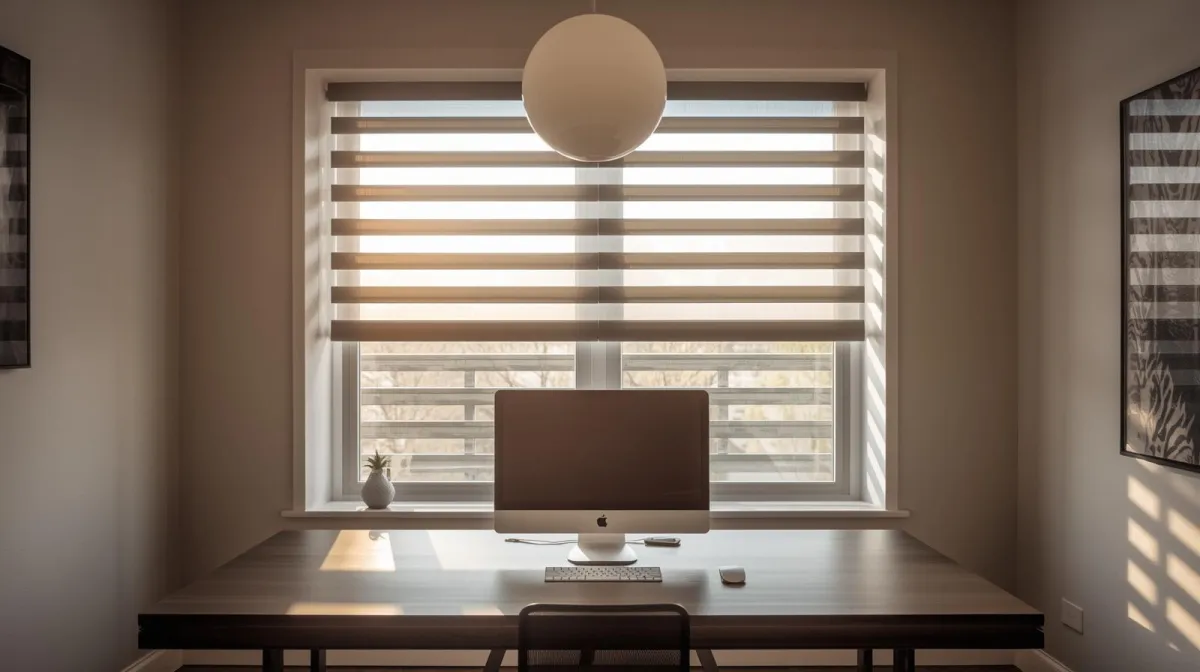 Zebra Shades on a window in a home office with a desk and computer.