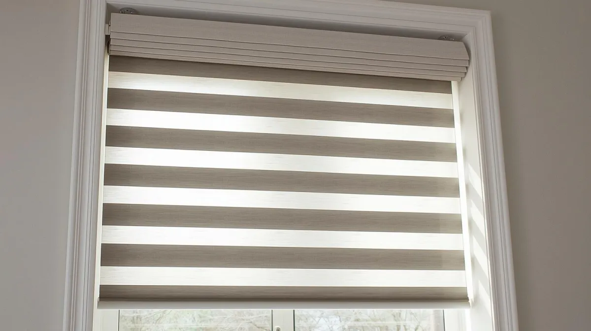Zebra Shades installed with a sleek, fabric-covered headrail or cassette at the top of the window.