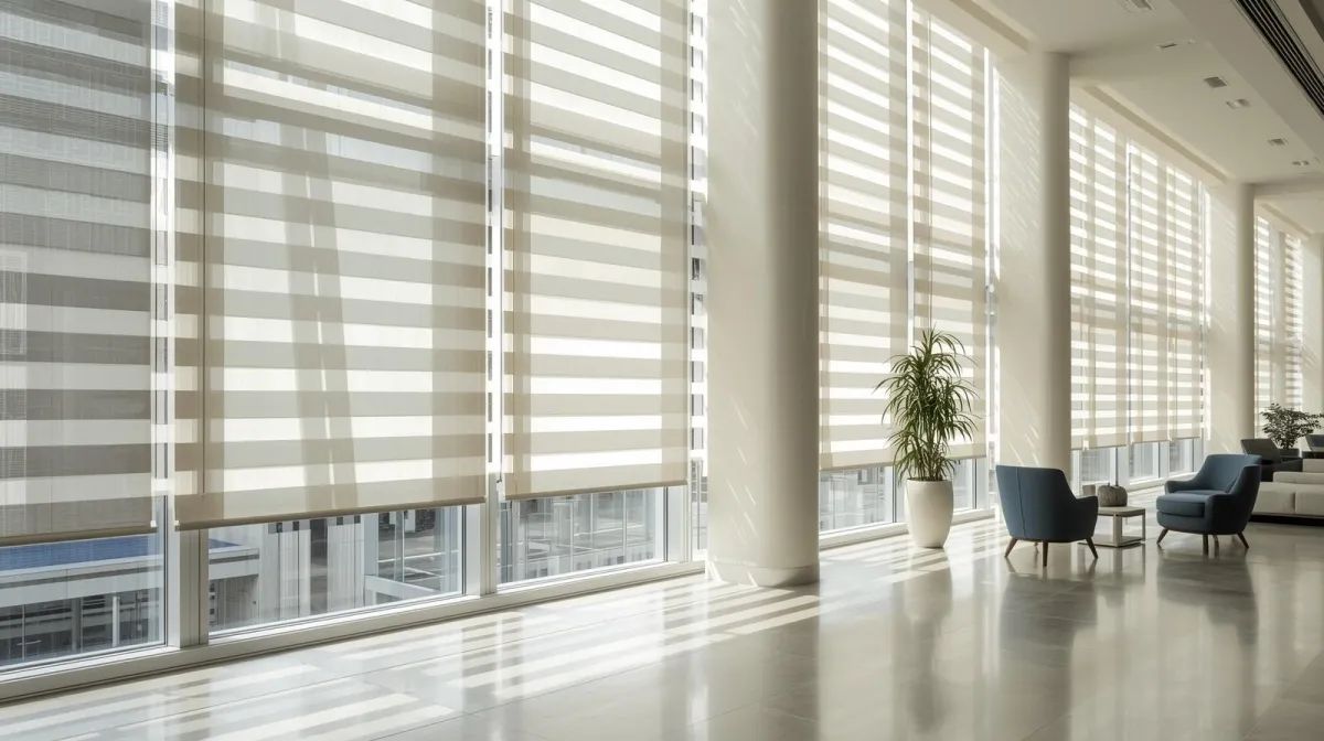  Zebra Shades installed on multiple windows in a modern commercial building lobby or office.
