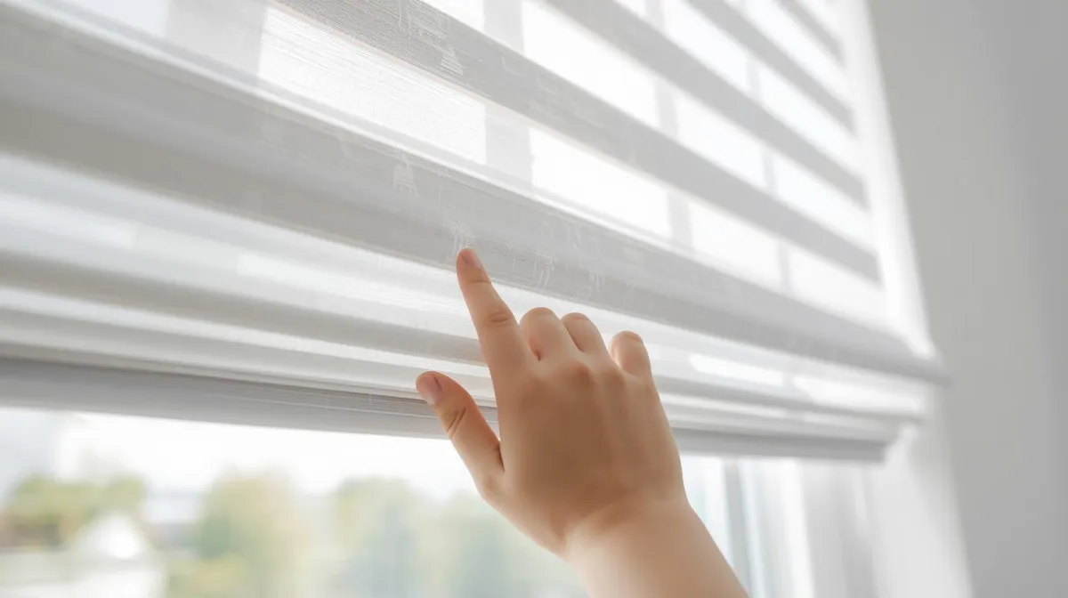 A hand gently adjusting a cordless Zebra Shade in a child-friendly room.