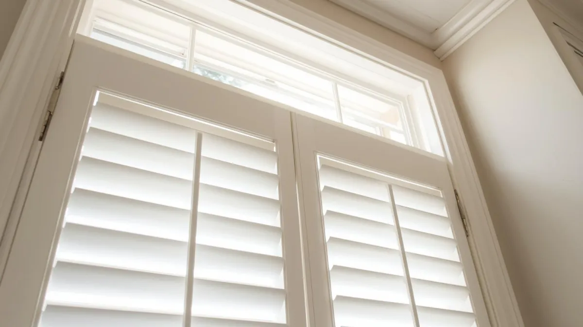 Detailed close-up of adjustable white louvers on a Café Style Shutter panel.