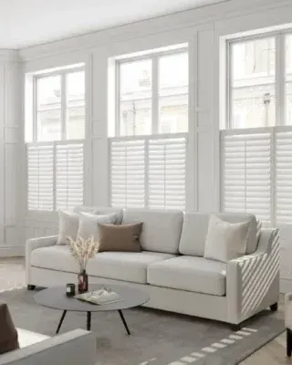 White Café Style Shutter panels swung open inwards, showing the full window.