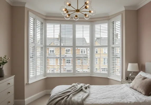 Full height shutters with closed louvers on a bedroom window, creating a dark and private space.