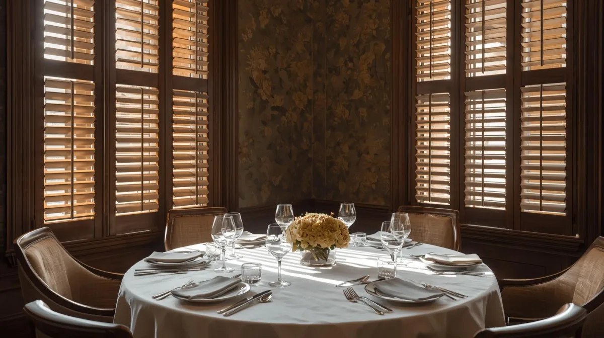  A beautifully set dining room in Texas with elegant full height shutters on the windows.