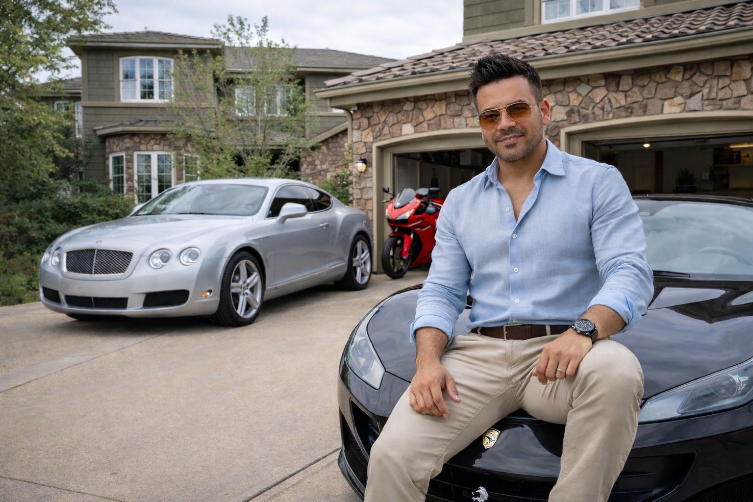 Oliver Maldonado Business Consultant Pictured in front of His House Posing with his Ferrari & Bentley