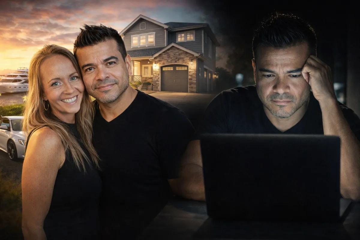 Oliver Maldonado Author pictured with his wife in front of house & on computer