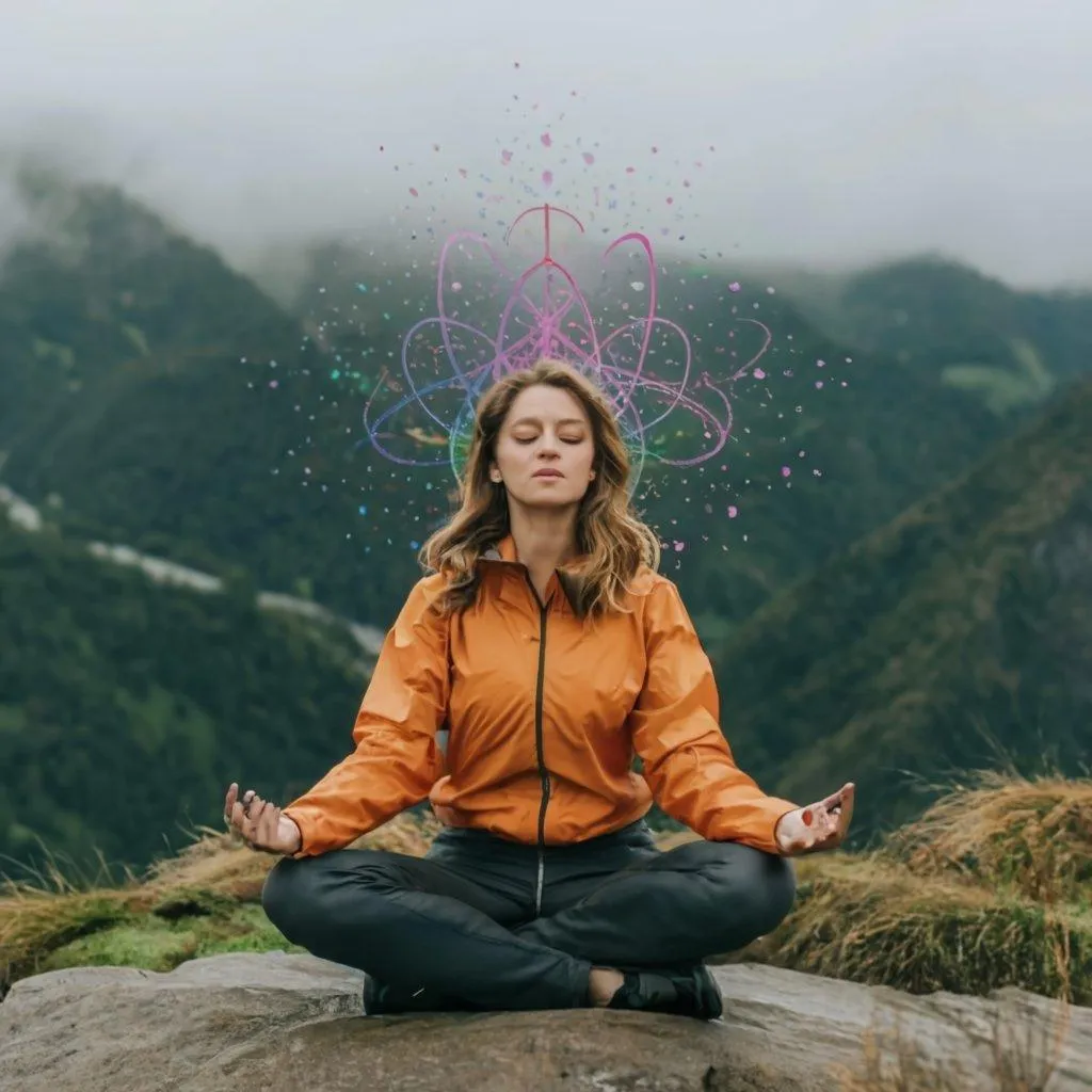 Woman meditating, serene stillness and silence on a mountaintop