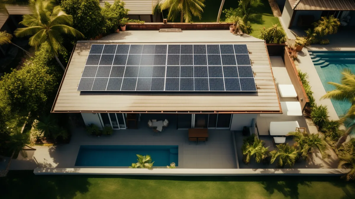 A stunning aerial view of solar panels glistening under the sun, providing clean energy to a green landscape.