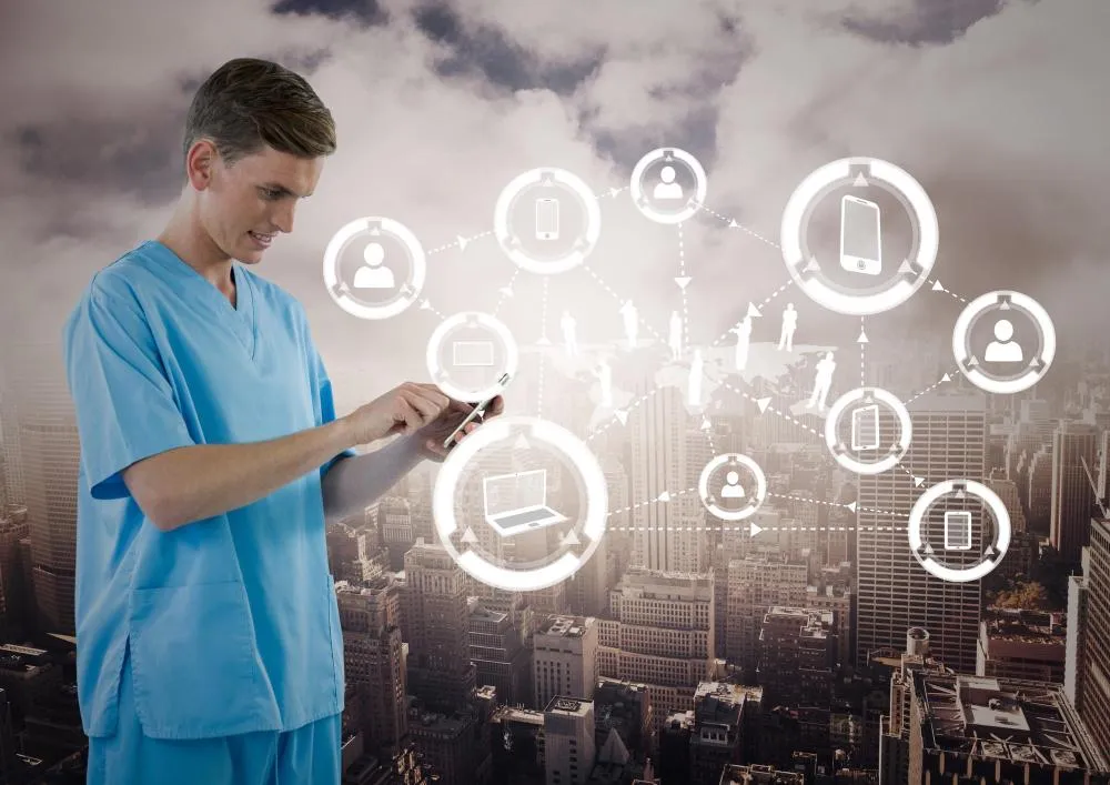 Interconnected digital devices symbolizing AdTech and MarTech in healthcare