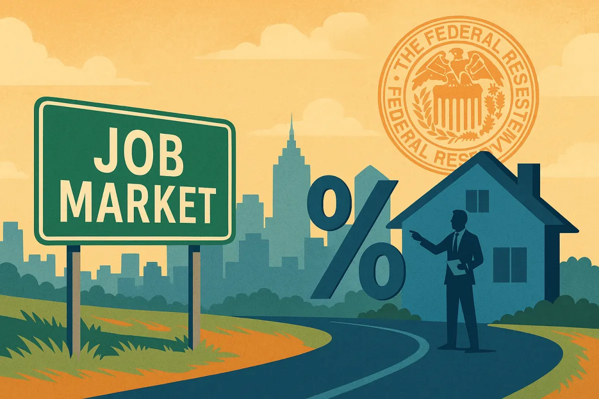 Illustration showing the connection between the job market and mortgage rates, featuring a green 'Job Market' sign, a city skyline, a blue house with a percentage symbol, and a professor pointing at it, under a vibrant, colorful sky.