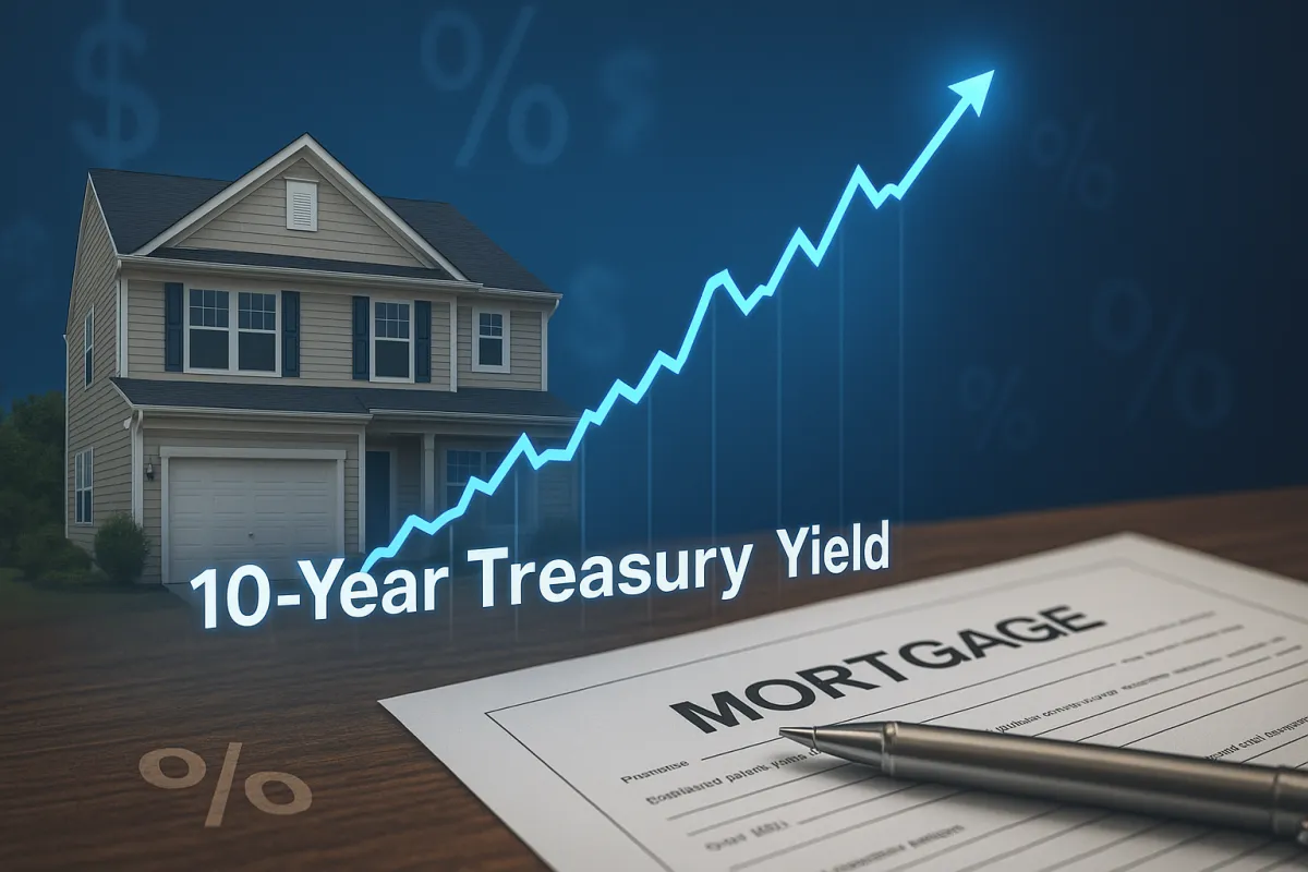 Graph showing the relationship between the 10-Year Treasury Yield and mortgage rates, with a house and financial documents in the background.