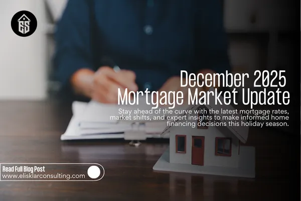 Miniature house with headline “December 2025 Mortgage Market Update” and person signing a contract. Subheadline: “Latest mortgage rates and market insights for informed home financing this holiday season.”