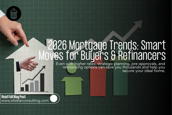 A miniature house with a headline that reads “2026 Mortgage Trends: Smart Moves for Buyers & Refinancers,” and a person reviewing mortgage documents. Subheadline: “Even with higher rates, strategic planning, pre-approvals, and refinancing options can save thousands and help secure your ideal home.