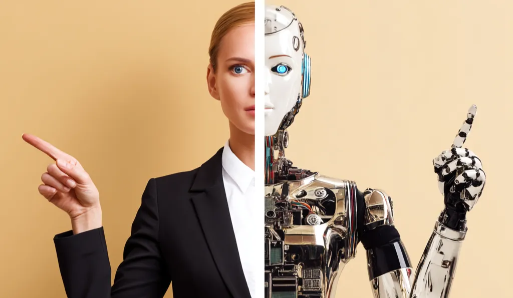 Split image of a professional woman and a humanoid robot side-by-side, both pointing upward—representing the integration of human expertise and artificial intelligence.
