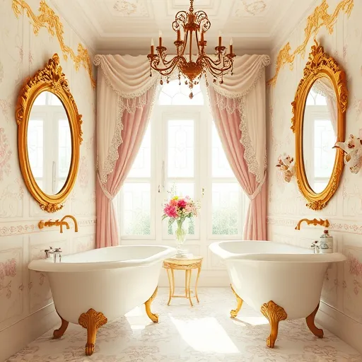 A luxurious Rococo-inspired bathroom scene featuring ornate gilded mirrors with intricate floral carvings reflecting a softly lit, serene space. Elegant clawfoot tubs with delicate swirling patterns sit beside antique-style faucets adorned with curling leaf motifs. The background showcases a grand wall decorated with pastel-colored tiles in soft pinks, powder blues, and creamy ivories, accented by shimmering gold leaf details. Frosted glass windows are framed by lace-like curtains with embroidery, allowing gentle sunlight to cast a warm glow. A whimsically designed vanity with rococo scrollwork displays ornate soap dishes and vintage perfume bottles, adding charm. Playful elements, including a tiny porcelain-flower and cherub-adorned chandelier and decorative cherubs holding towels or shell motifs, enhance the baroque elegance and craftsmanship. The overall mood is calm, refined, and lively, capturing an opulent yet whimsical bathroom ambiance with a soft pastel palette of warm golds, blush pinks, gentle aquas, and ivories, ideal for a blog about top bathroom remodeling companies in Dublin, Ohio.