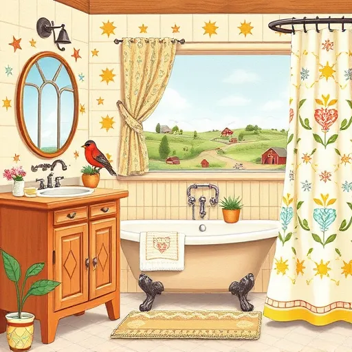 A folk art-inspired illustration of a cozy Pataskala, Ohio bathroom featuring a handcrafted wooden vanity painted in warm pastel colors with floral and geometric folk motifs. The walls are lined with cheerful tiles displaying simplified stars, hearts, and birds, creating hometown charm. A vintage clawfoot bathtub with flowing patterned curtains, colorful soap dishes, towels, and potted plants with exaggerated leaves add lively details. The background depicts rolling Ohio countryside with farmhouses and a barn, rendered in soft textures to enhance the folk art style. Additional touches include a robin perched on a towel rack and an embroidered shower curtain featuring regional motifs like corn or a map outline. The warm color palette includes earthy reds, soft blues, yellows, and greens, emphasizing a welcoming, nostalgic, and community-oriented atmosphere. This handcrafted, textured illustration blends traditional and contemporary regional design elements in a charming folk art aesthetic.
